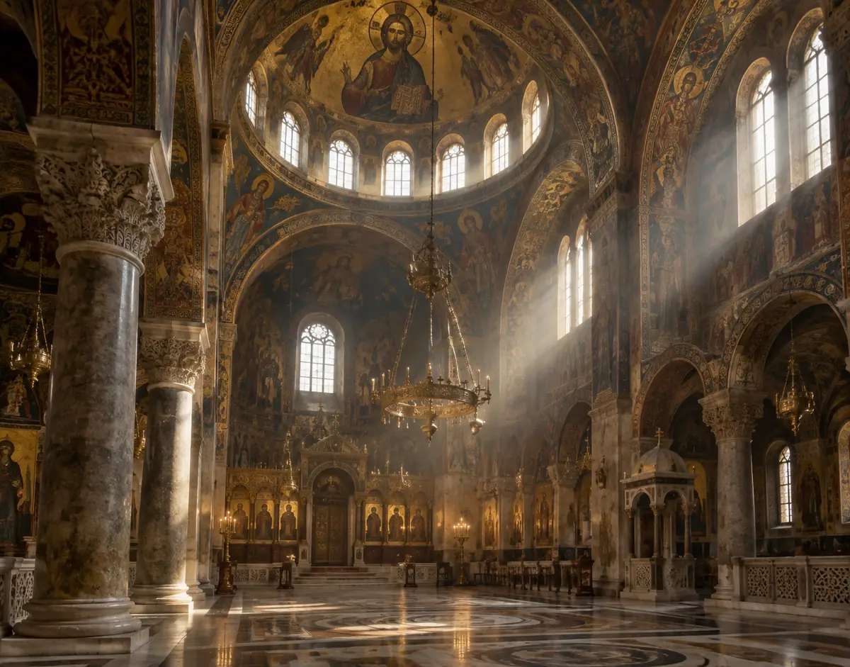 Sunlight entering a richly painted Orthodox interior